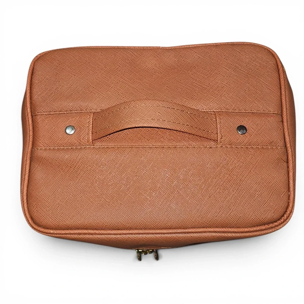 Joy Mangano Vanity Case Women 11x8 Tan Good Removable Tray Mirror Travel Bag